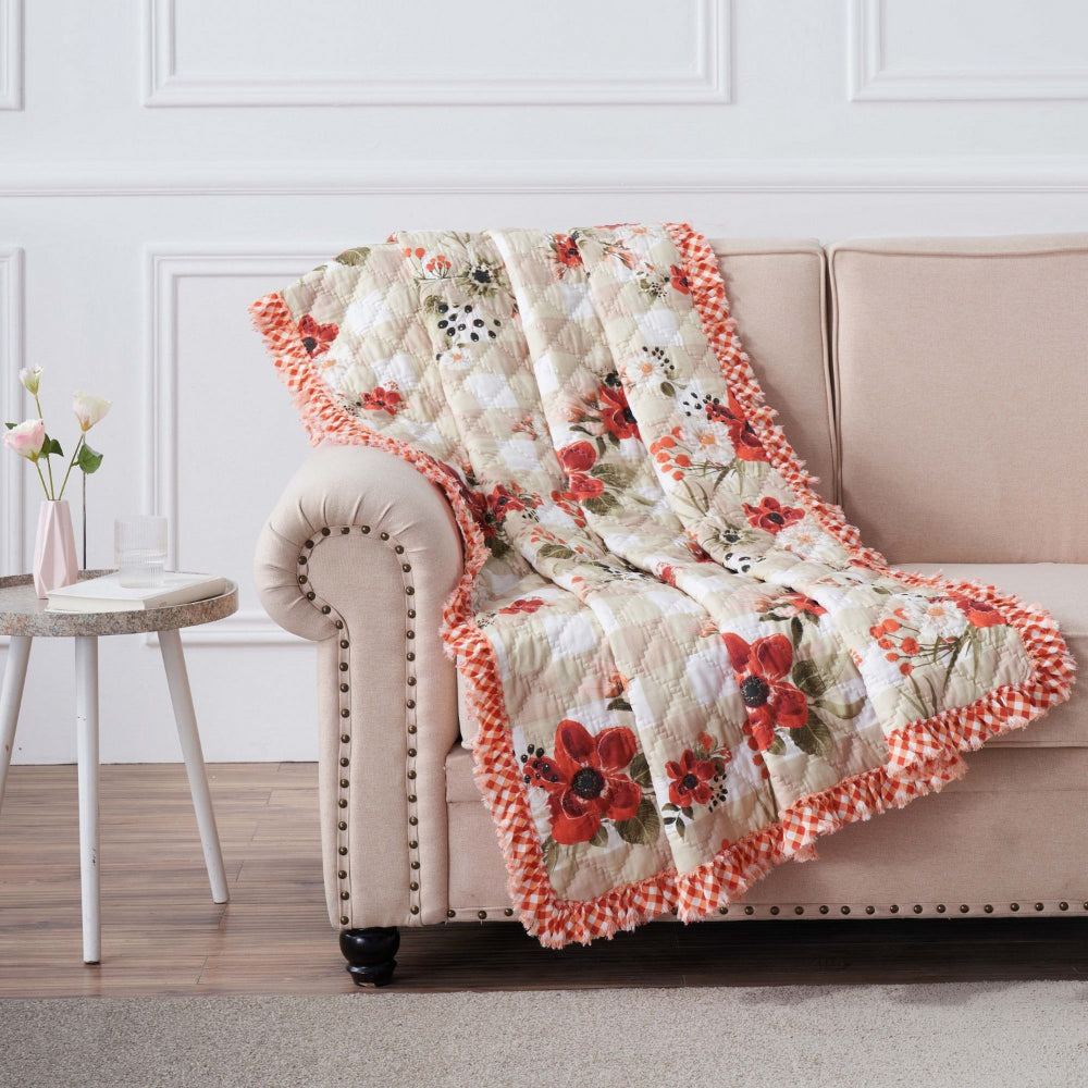 Benjara Lire 50 x 60 Inch Quilted Throw Blanket with Fill, Windflower Print, Red