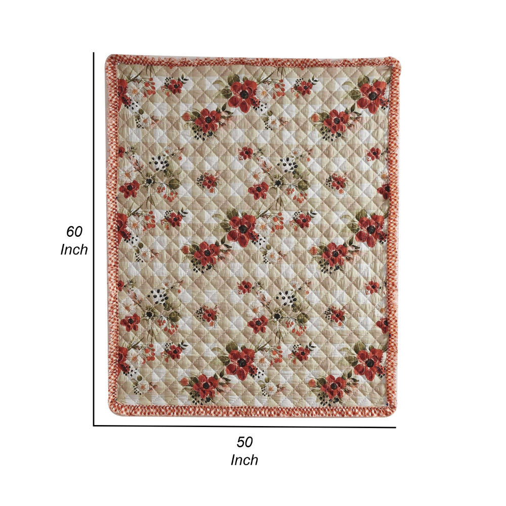 Benjara Lire 50 x 60 Inch Quilted Throw Blanket with Fill, Windflower Print, Red