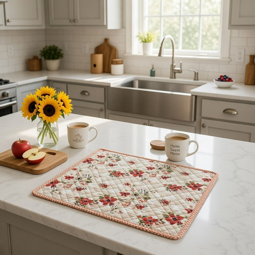 Benjara Lire 50 x 60 Inch Quilted Throw Blanket with Fill, Windflower Print, Red