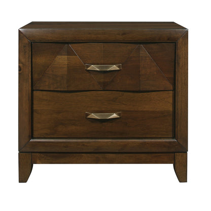 Benjara Nibo 28 Inch Nightstand, 2 Drawers, Satin Brass Handles, Brown Solid Wood