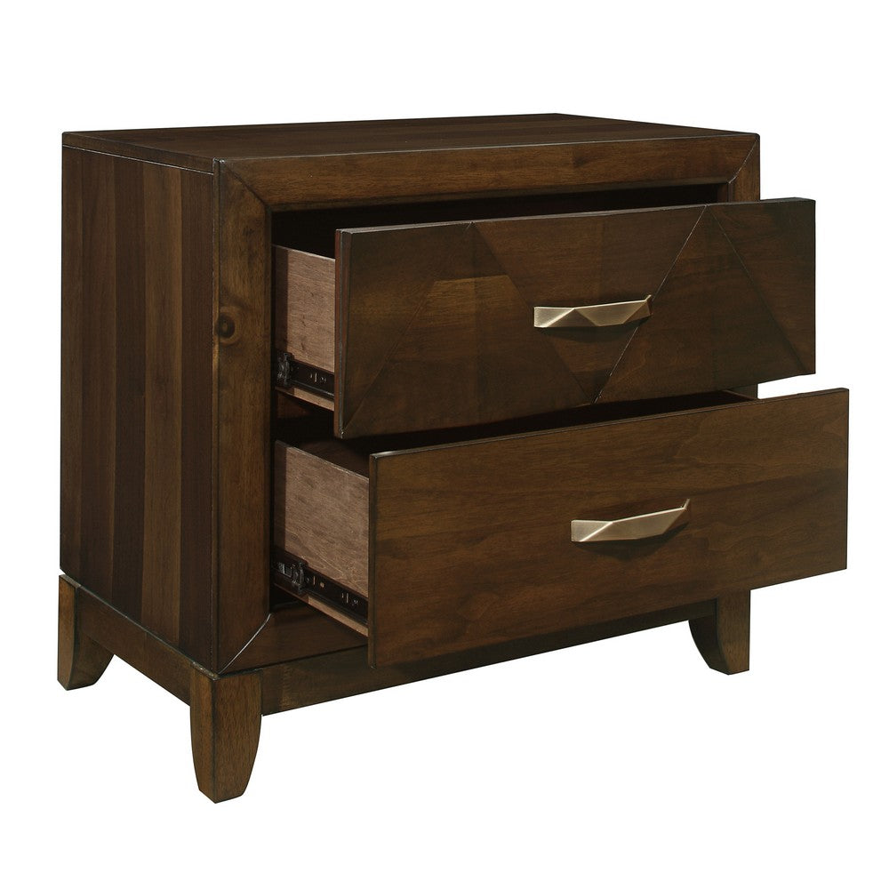 Benjara Nibo 28 Inch Nightstand, 2 Drawers, Satin Brass Handles, Brown Solid Wood