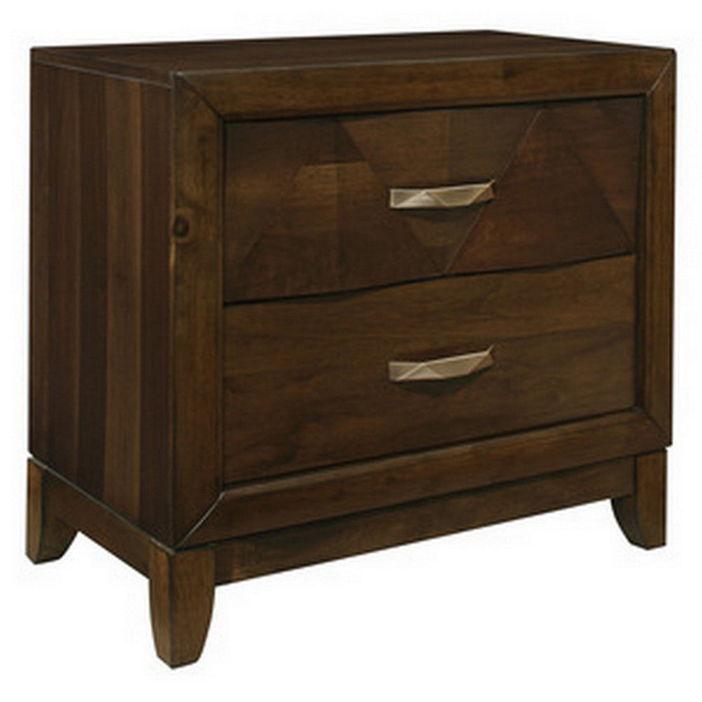 Benjara Nibo 28 Inch Nightstand, 2 Drawers, Satin Brass Handles, Brown Solid Wood
