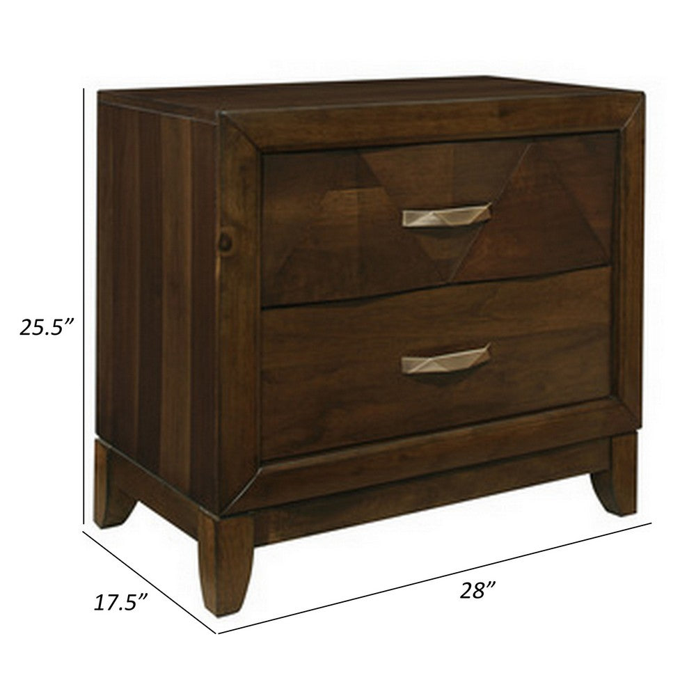 Benjara Nibo 28 Inch Nightstand, 2 Drawers, Satin Brass Handles, Brown Solid Wood