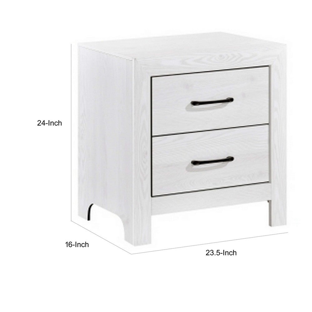 Benjara Eby 24 Inch Nightstand, 2 Drawers with Black Nickel Handles, White Finish