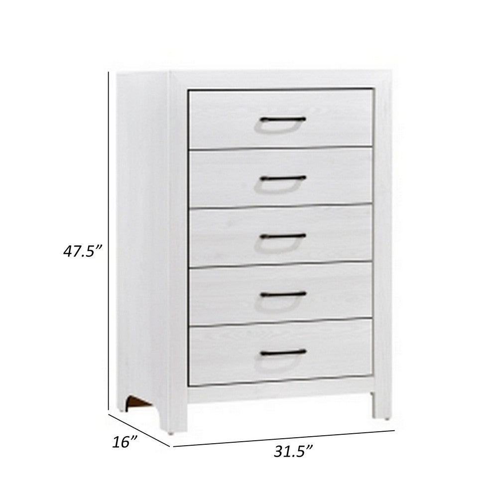 Benjara Eby 48 Inch Tall Dresser Chest, 5 Drawers with Black Nickel Handles, White