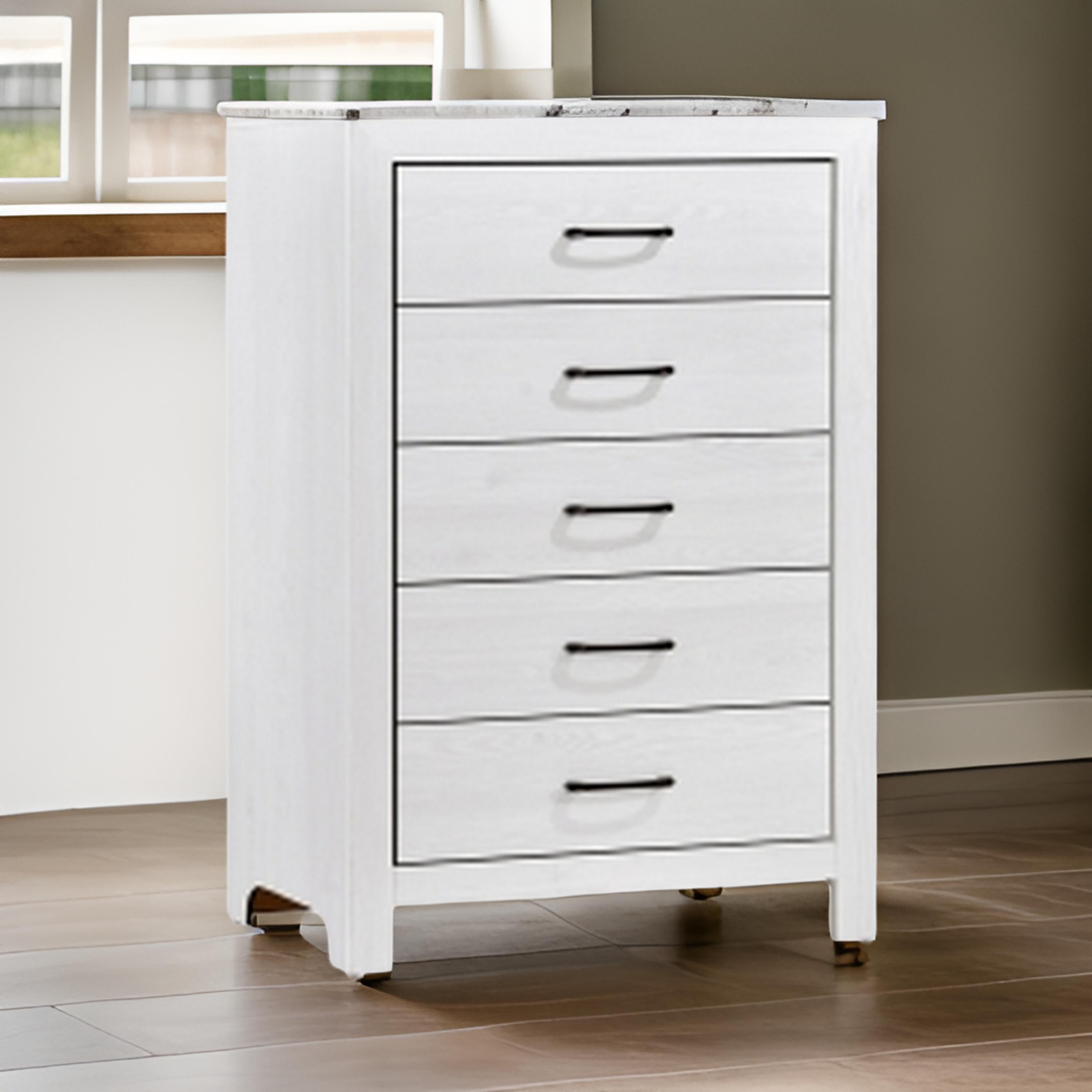 Benjara Eby 48 Inch Tall Dresser Chest, 5 Drawers with Black Nickel Handles, White