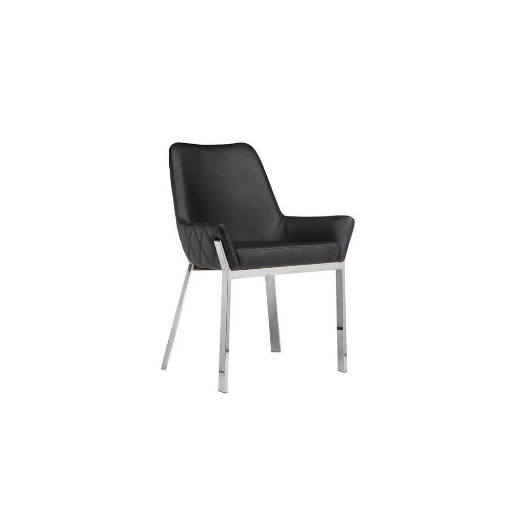 Benjara Fuma 23 Inch Set of 2 Dining Chairs, Foam Fill, Black Faux Leather, Silver