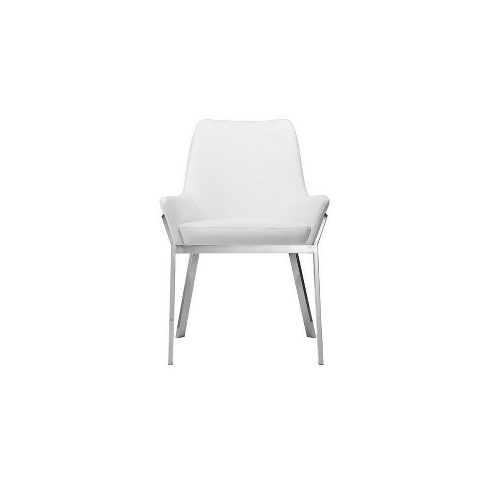 Benjara Fuma 23 Inch Set of 2 Dining Chairs, Foam Fill, White Faux Leather, Silver