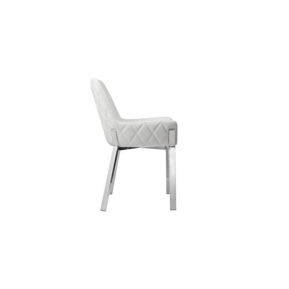 Benjara Fuma 23 Inch Set of 2 Dining Chairs, Foam Fill, White Faux Leather, Silver
