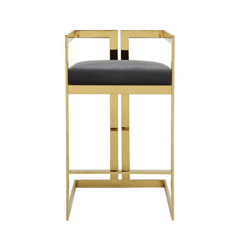 Benjara Zie 30 Inch Barstool Chair, Gray Velvet Padded Seat, Gold Steel Finish