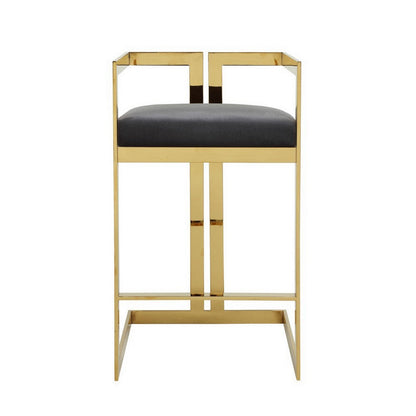 Benjara Zie 30 Inch Barstool Chair, Gray Velvet Padded Seat, Gold Steel Finish