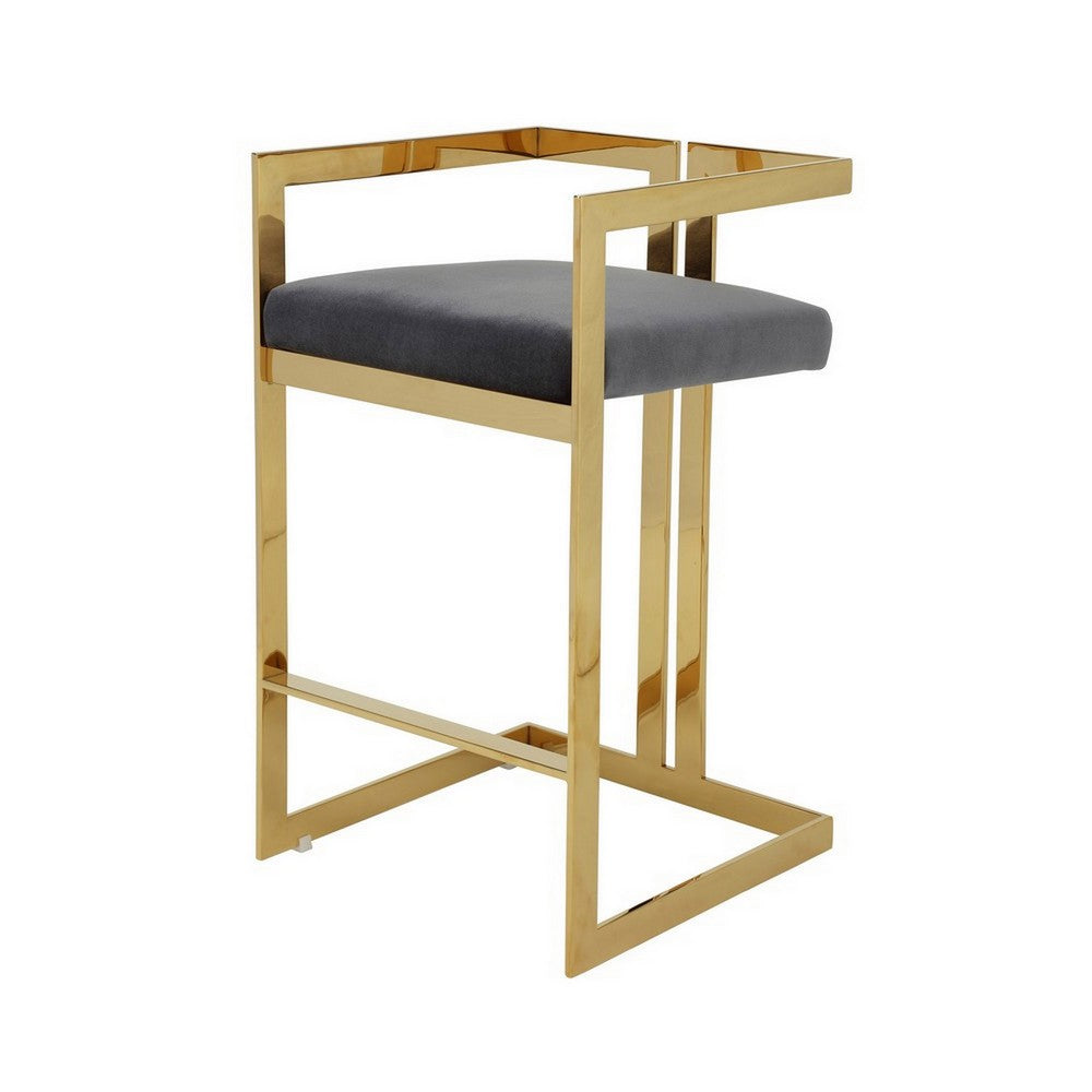 Benjara Zie 30 Inch Barstool Chair, Gray Velvet Padded Seat, Gold Steel Finish