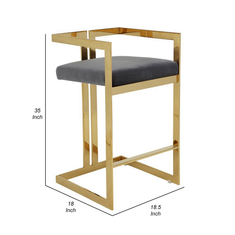 Benjara Zie 30 Inch Barstool Chair, Gray Velvet Padded Seat, Gold Steel Finish