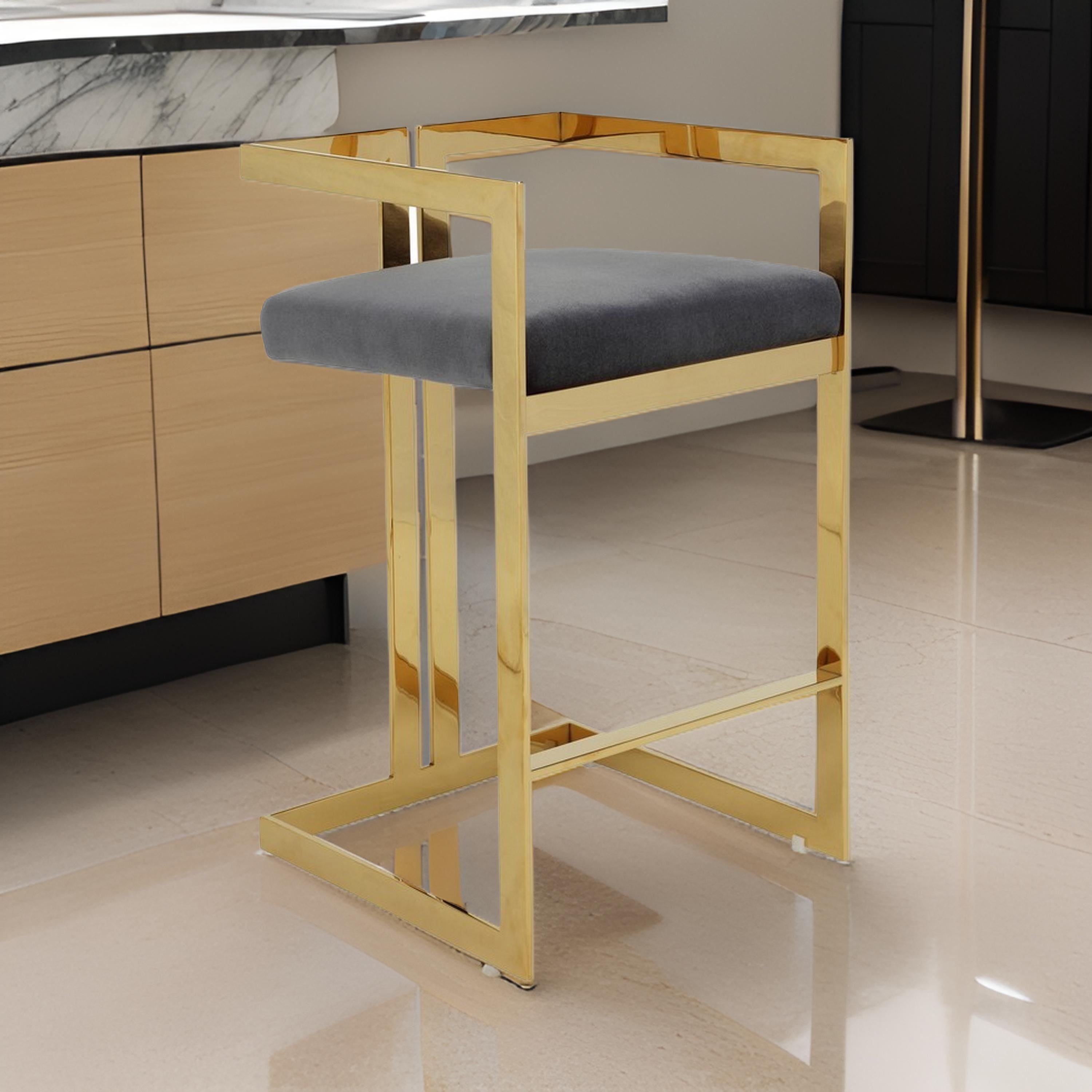 Benjara Zie 30 Inch Barstool Chair, Gray Velvet Padded Seat, Gold Steel Finish