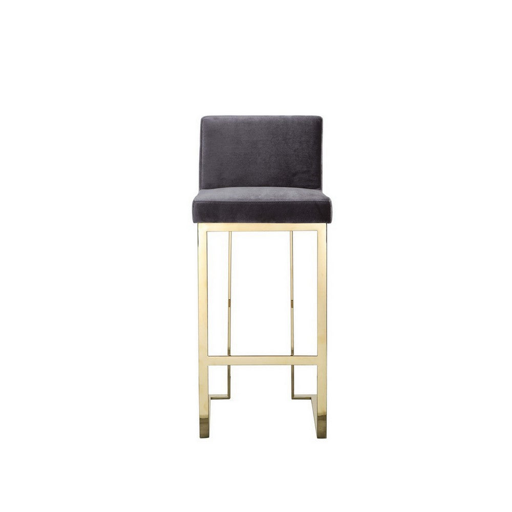 Benjara Boly 30 Inch Barstool Chair, Cushioned Gray Velvet, Gold Cantilever Base