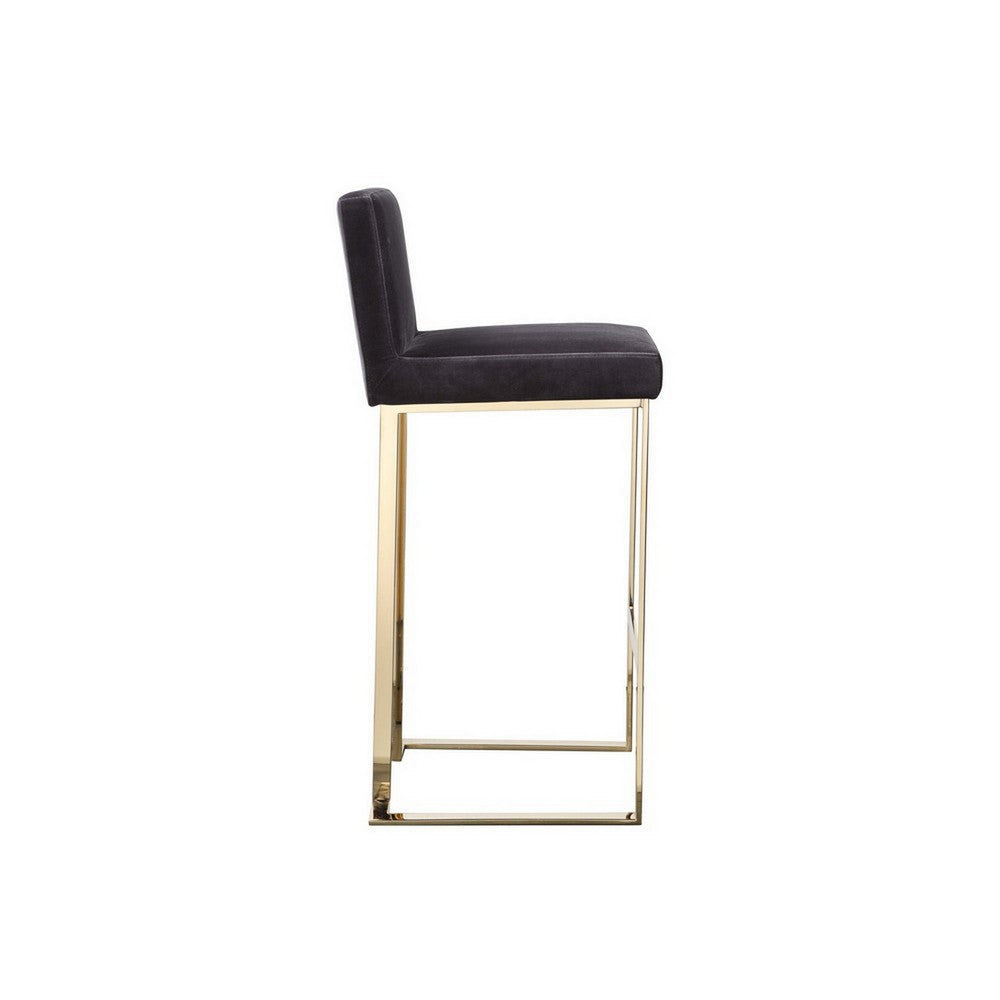 Benjara Boly 30 Inch Barstool Chair, Cushioned Gray Velvet, Gold Cantilever Base