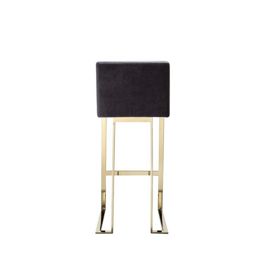 Benjara Boly 30 Inch Barstool Chair, Cushioned Gray Velvet, Gold Cantilever Base