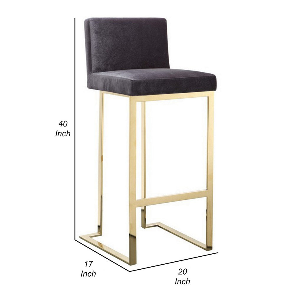 Benjara Boly 30 Inch Barstool Chair, Cushioned Gray Velvet, Gold Cantilever Base