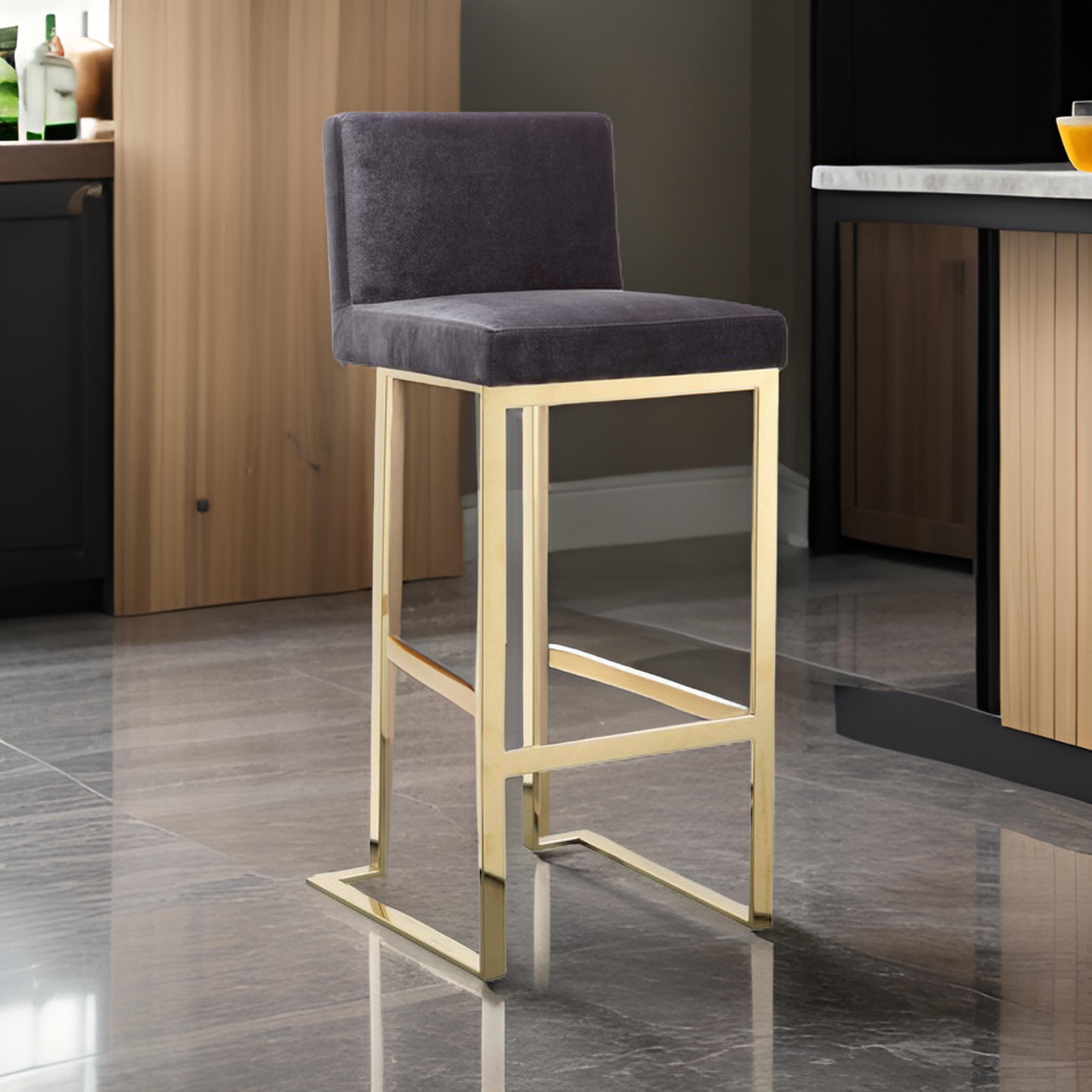 Benjara Boly 30 Inch Barstool Chair, Cushioned Gray Velvet, Gold Cantilever Base