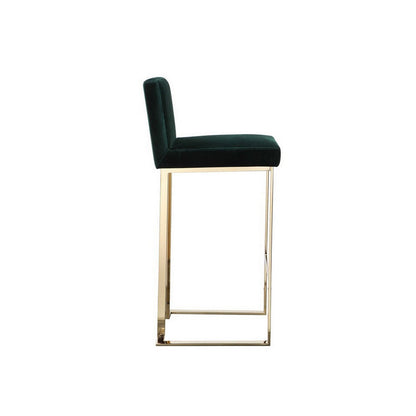 Benjara Boly 30 Inch Barstool Chair, Cushioned Green Velvet, Gold Cantilever Base
