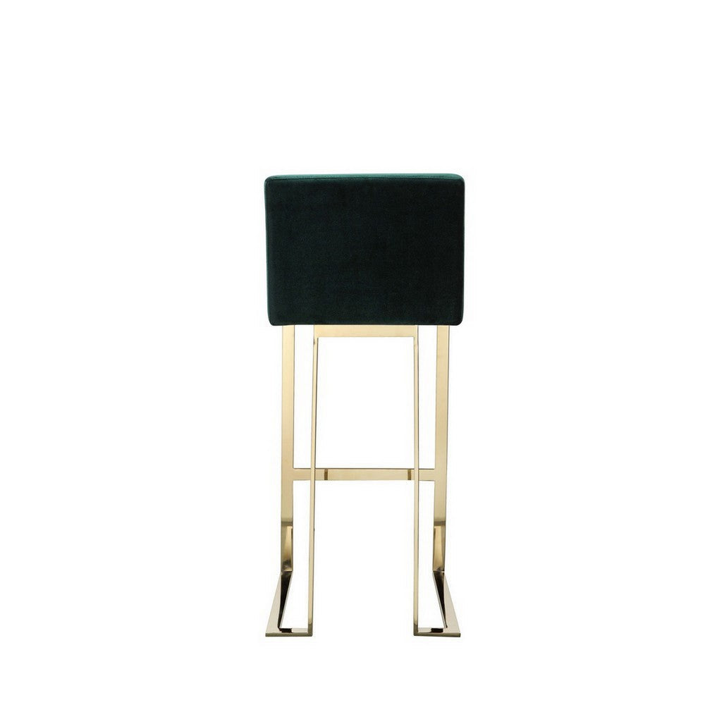 Benjara Boly 30 Inch Barstool Chair, Cushioned Green Velvet, Gold Cantilever Base