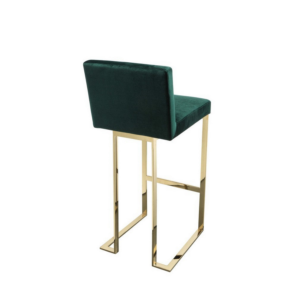 Benjara Boly 30 Inch Barstool Chair, Cushioned Green Velvet, Gold Cantilever Base