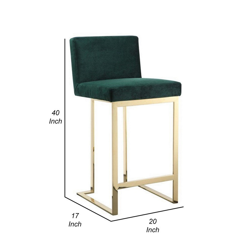 Benjara Boly 30 Inch Barstool Chair, Cushioned Green Velvet, Gold Cantilever Base
