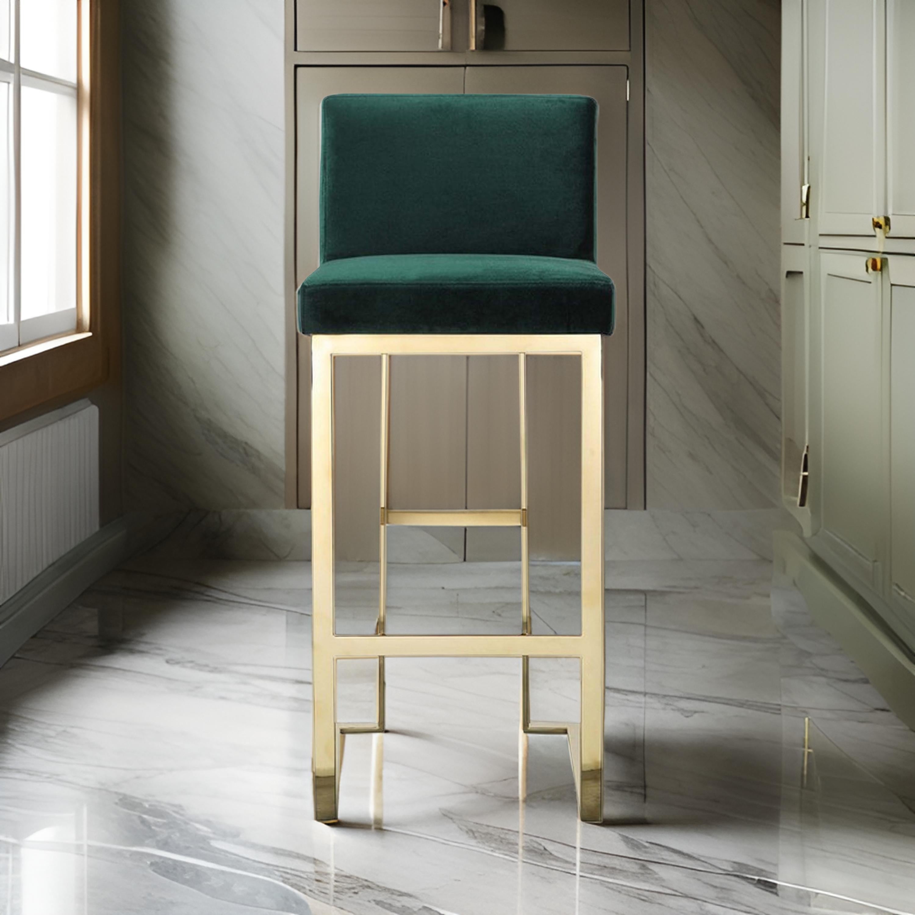 Benjara Boly 30 Inch Barstool Chair, Cushioned Green Velvet, Gold Cantilever Base