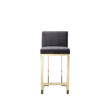 Benjara Boly 26 Inch Counter Stool Chair, Cushioned Gray Velvet, Gold Cantilever