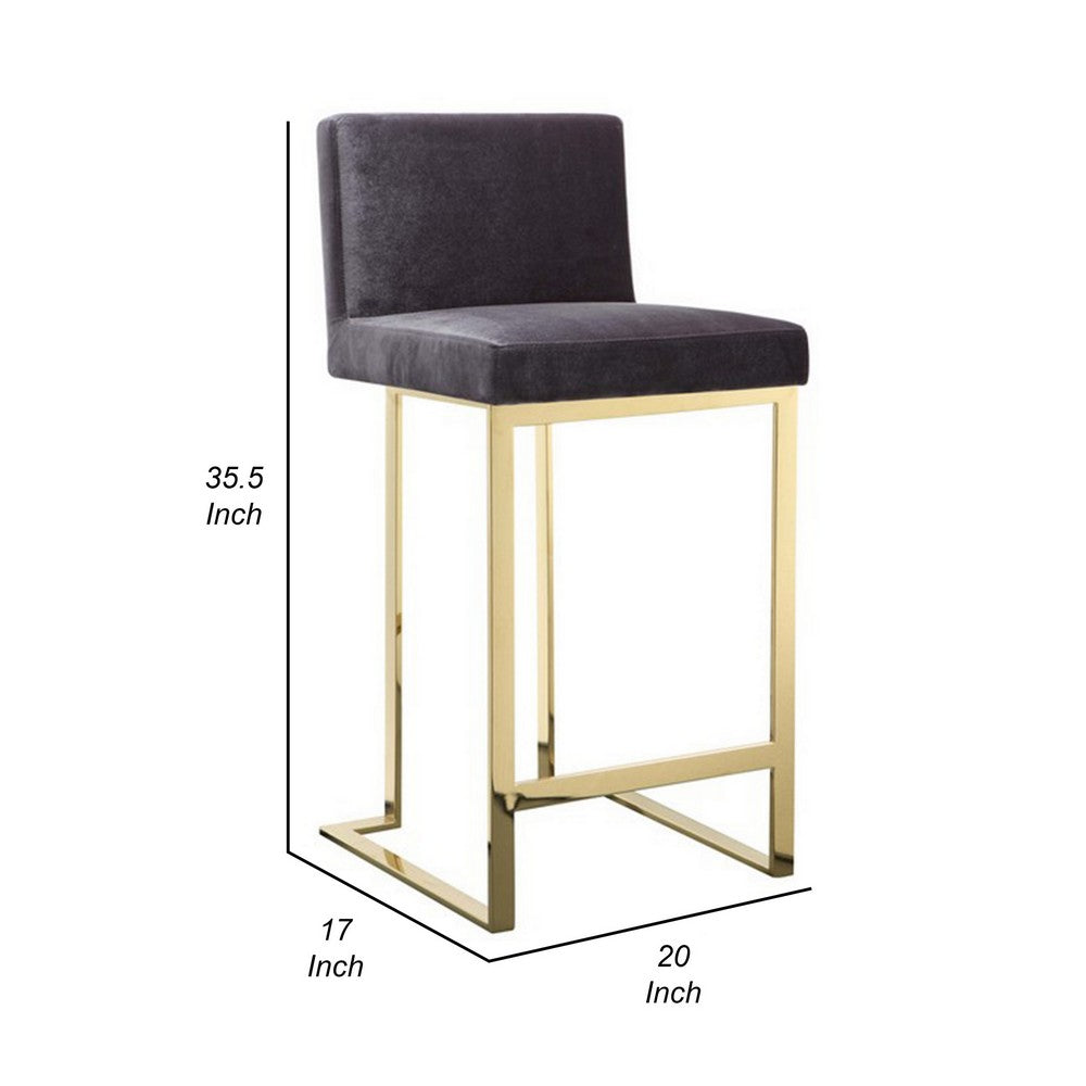 Benjara Boly 26 Inch Counter Stool Chair, Cushioned Gray Velvet, Gold Cantilever