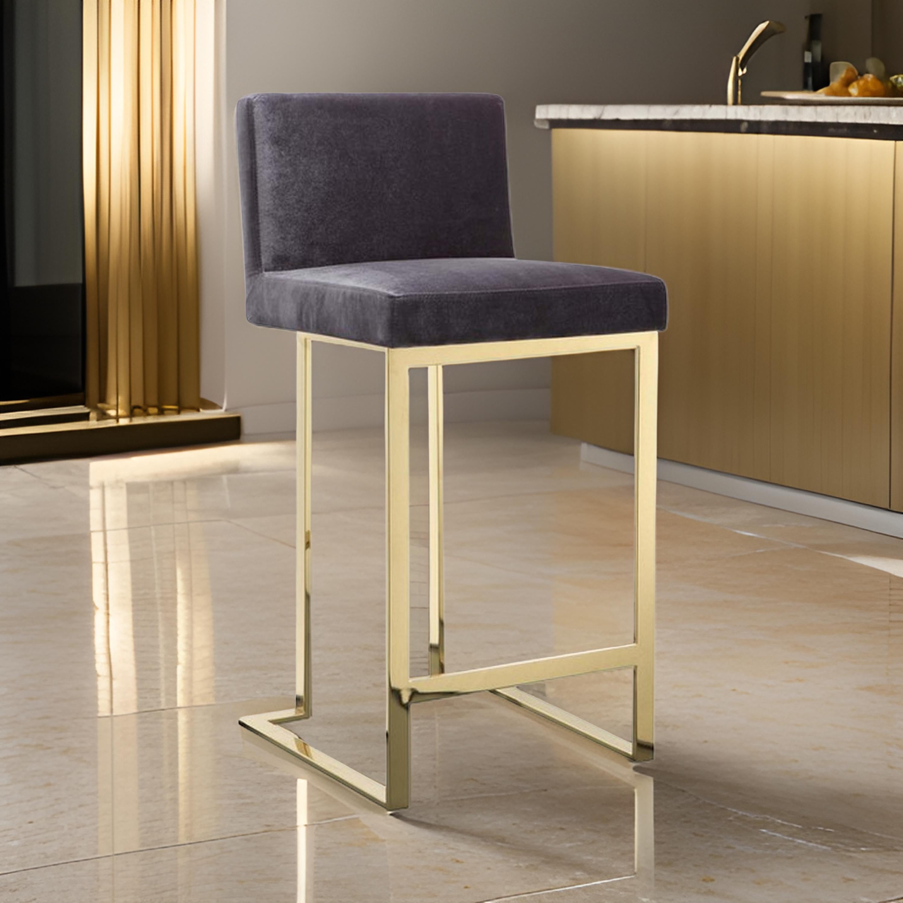 Benjara Boly 26 Inch Counter Stool Chair, Cushioned Gray Velvet, Gold Cantilever