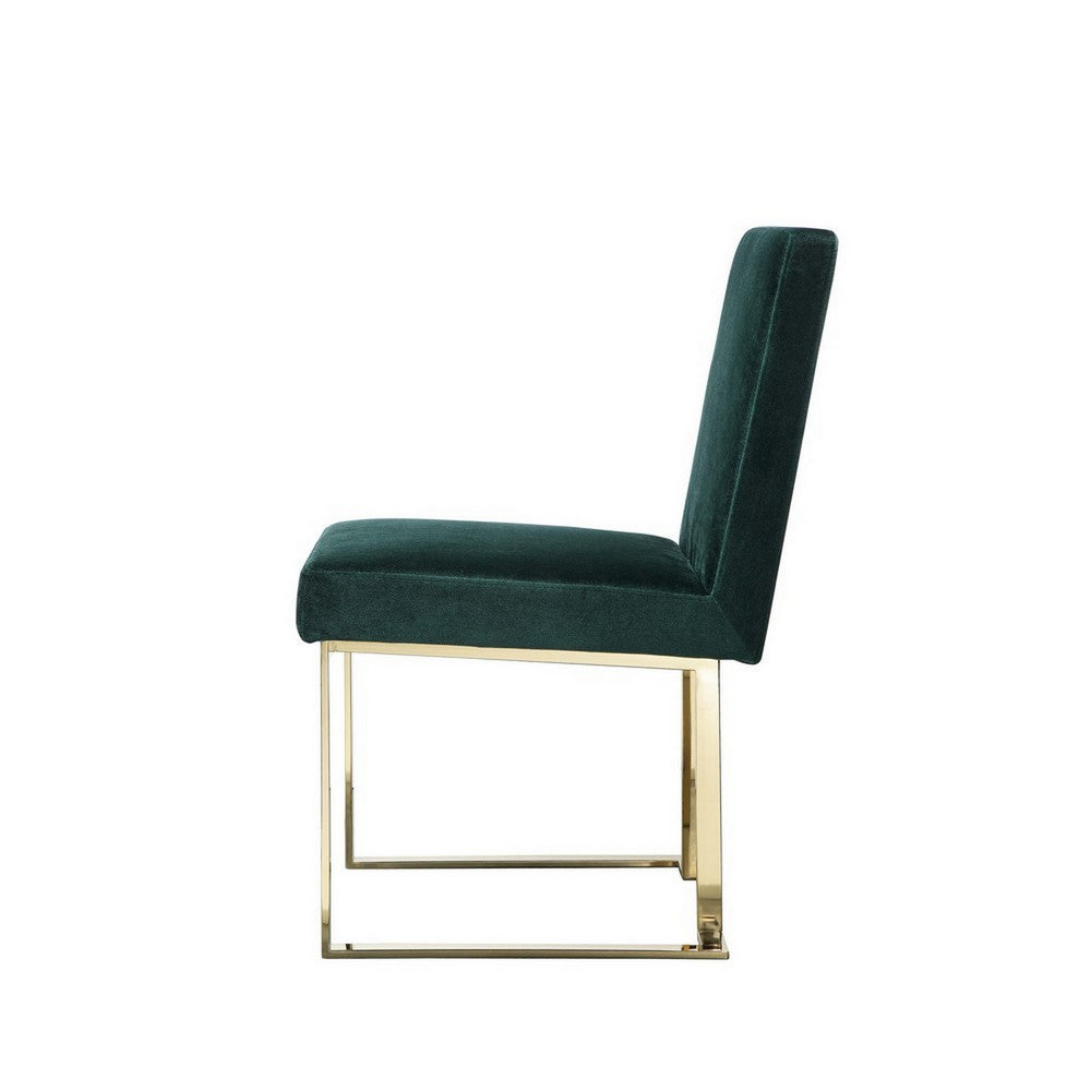 Benjara Boly 24 Inch Side Dining Chair Set of 2, Green Velvet, Gold Cantilever