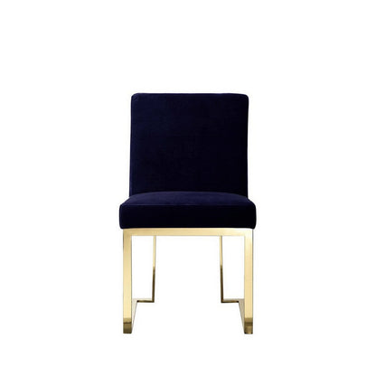 Benjara Boly 24 Inch Side Dining Chair Set of 2, Navy Blue Velvet, Gold Cantilever