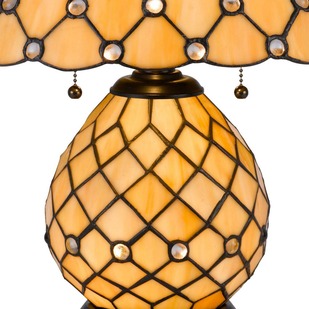 Benjara 18 Inch Table Lamp, Pedestal, Tiffany Style Stained Glass, LED, Black Metal