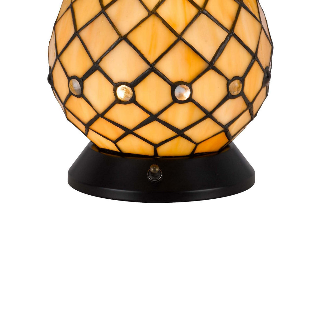 Benjara 18 Inch Table Lamp, Pedestal, Tiffany Style Stained Glass, LED, Black Metal
