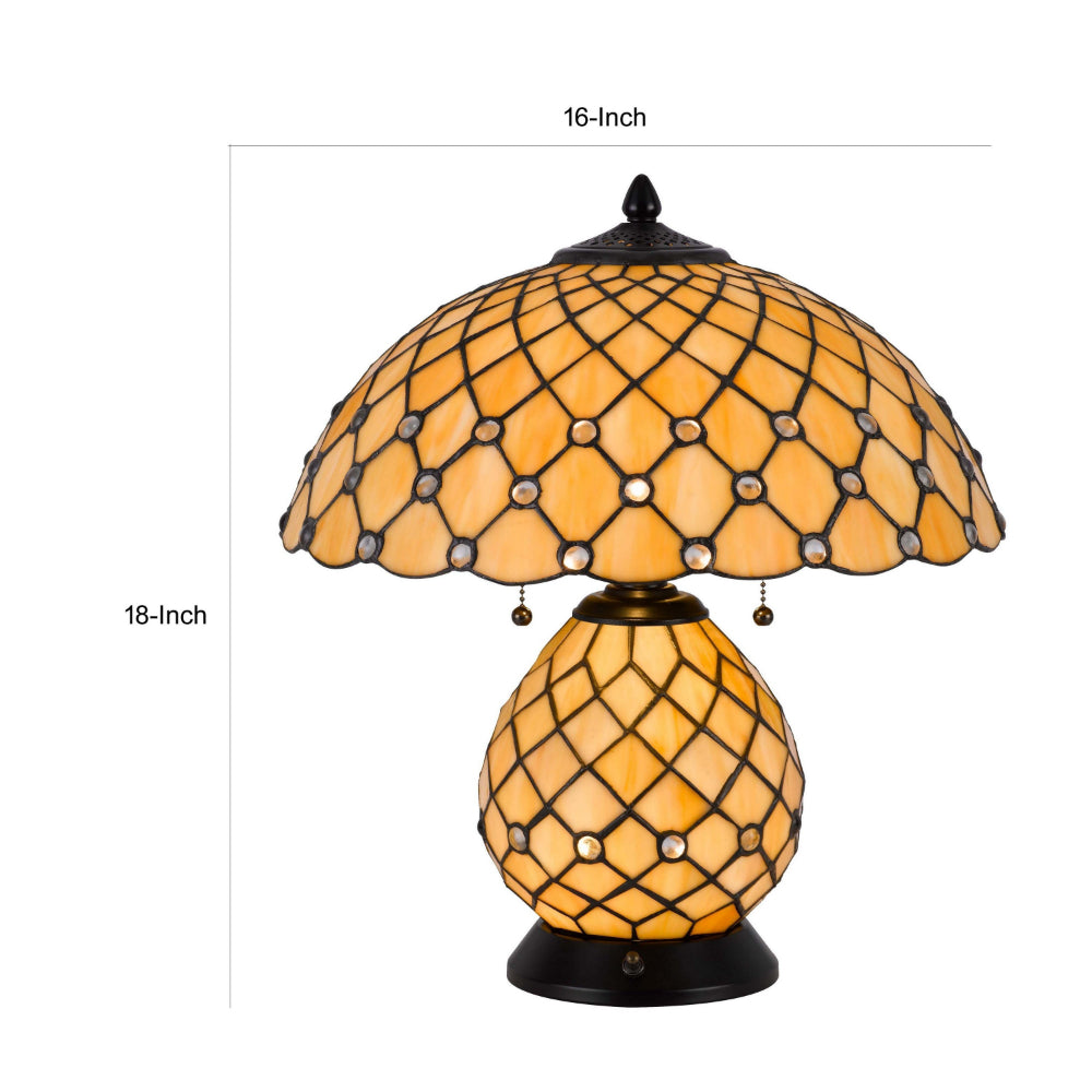 Benjara 18 Inch Table Lamp, Pedestal, Tiffany Style Stained Glass, LED, Black Metal