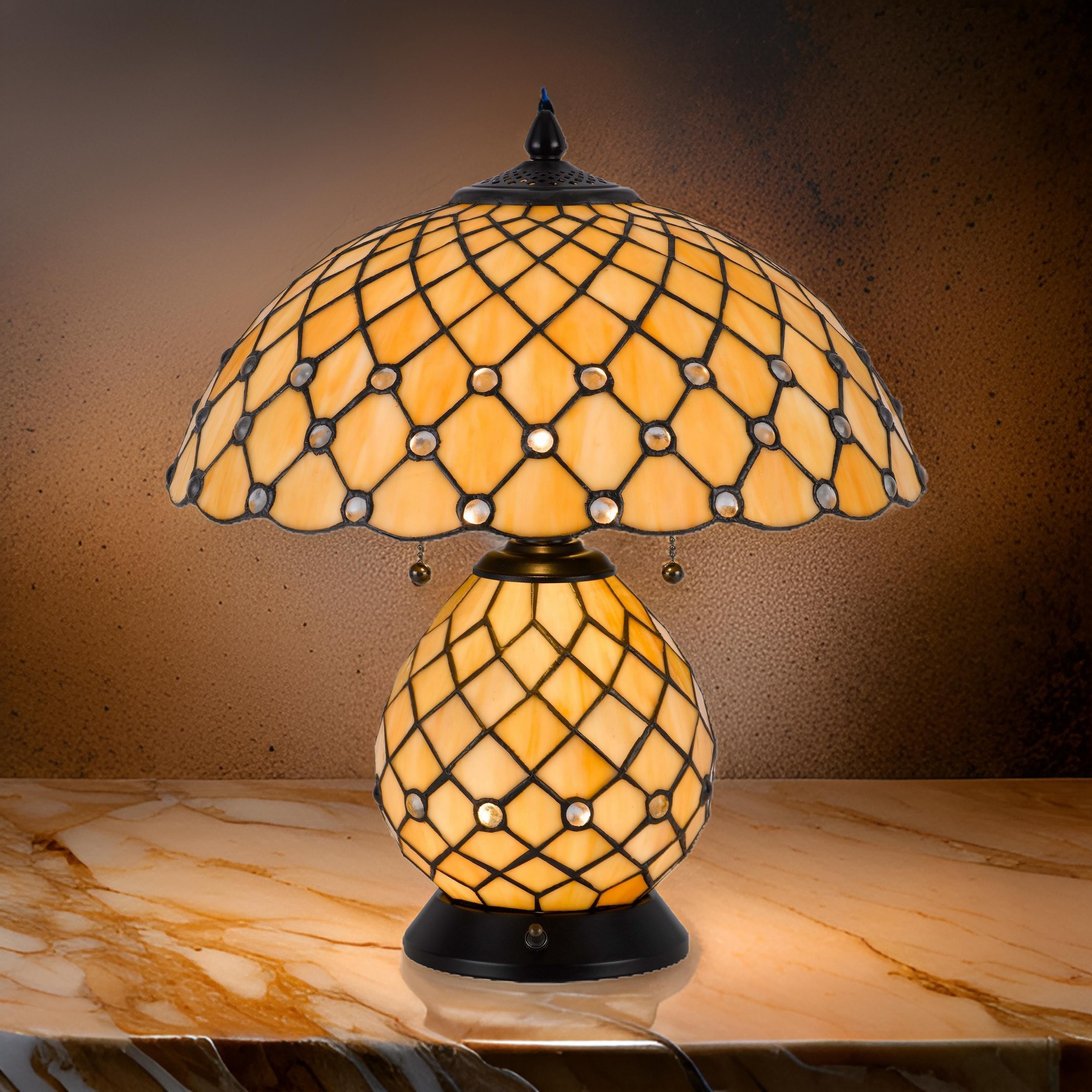 Benjara 18 Inch Table Lamp, Pedestal, Tiffany Style Stained Glass, LED, Black Metal
