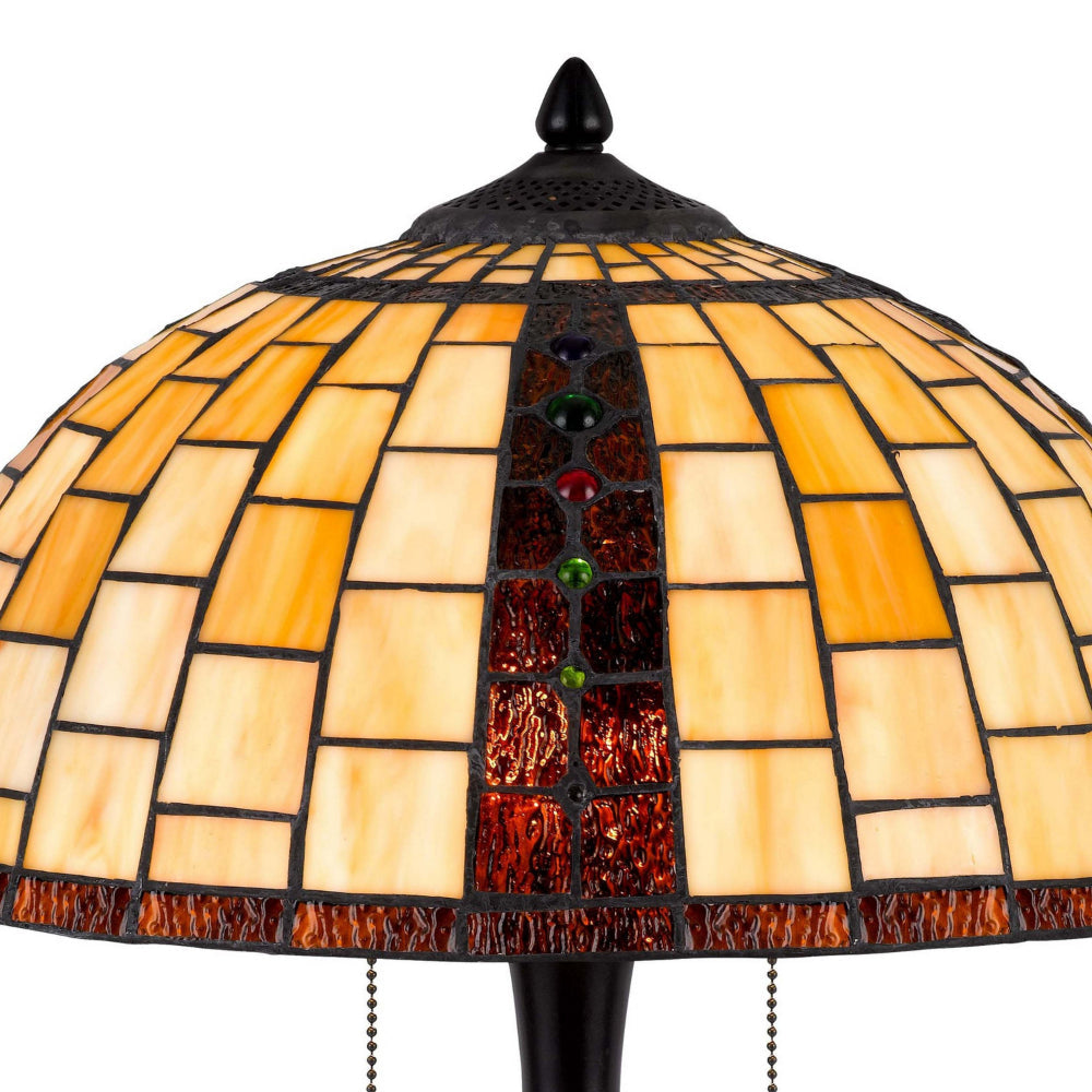 Benjara 24 Inch Table Lamp, Tiffany Style Stained Glass, Pull Chain, Black Resin