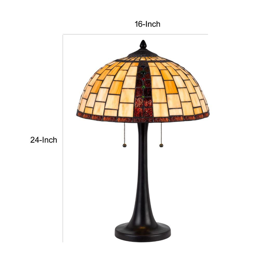 Benjara 24 Inch Table Lamp, Tiffany Style Stained Glass, Pull Chain, Black Resin