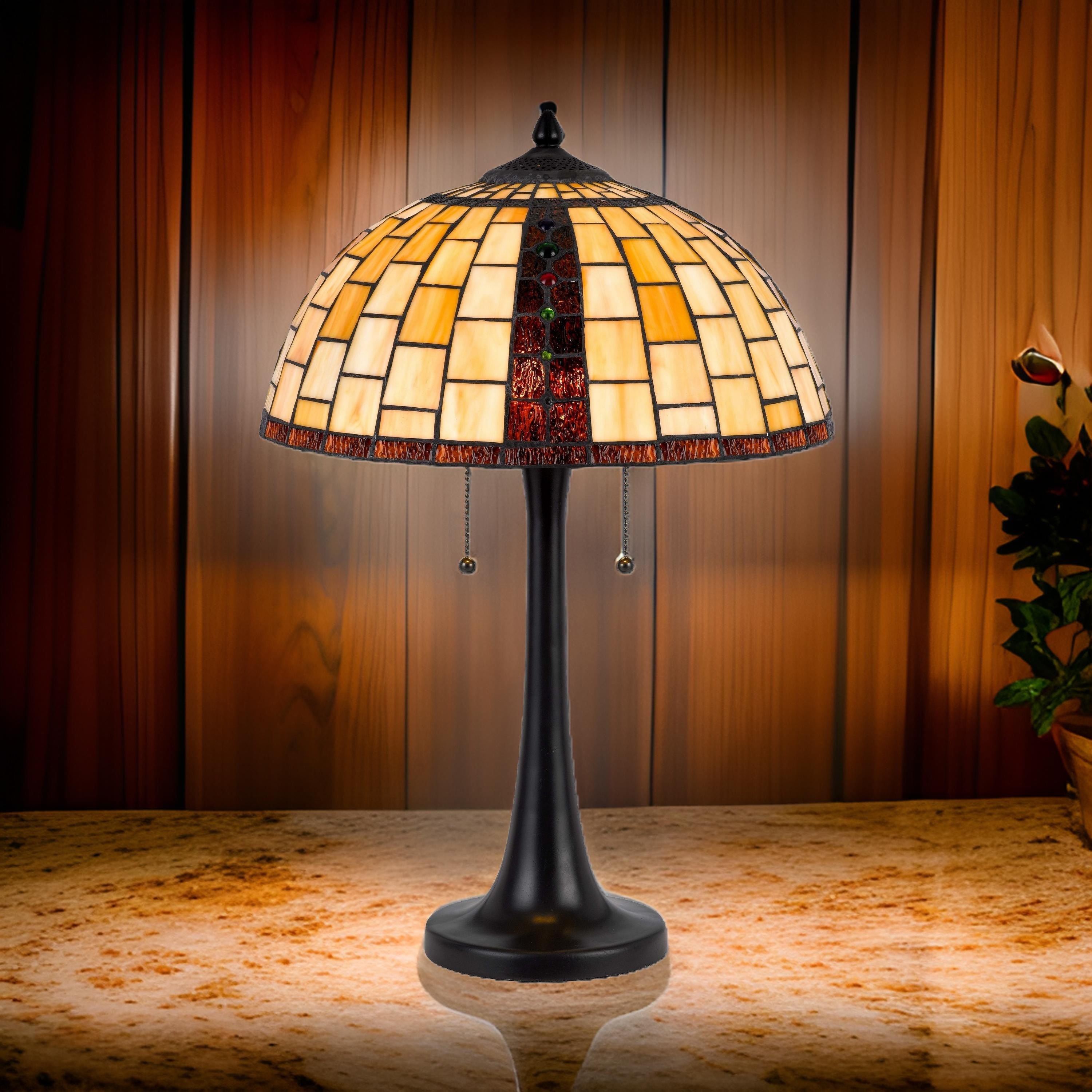 Benjara 24 Inch Table Lamp, Tiffany Style Stained Glass, Pull Chain, Black Resin