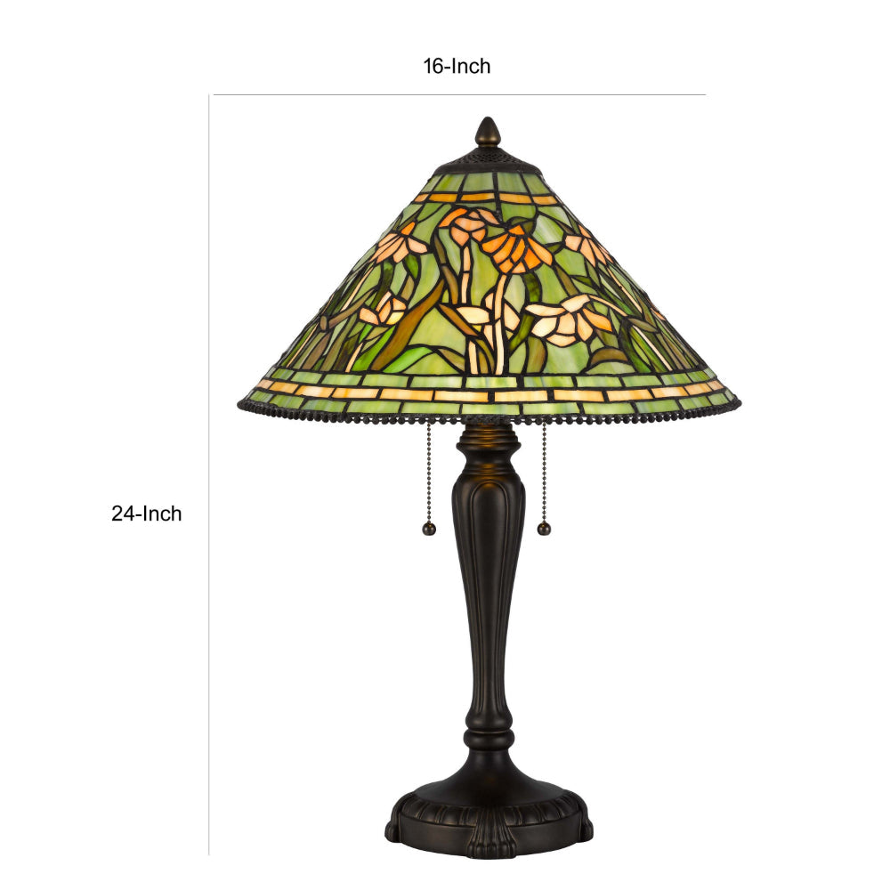Benjara 24 Inch Table Lamp, Floral Tiffany Style Stained Glass, Bronze Resin