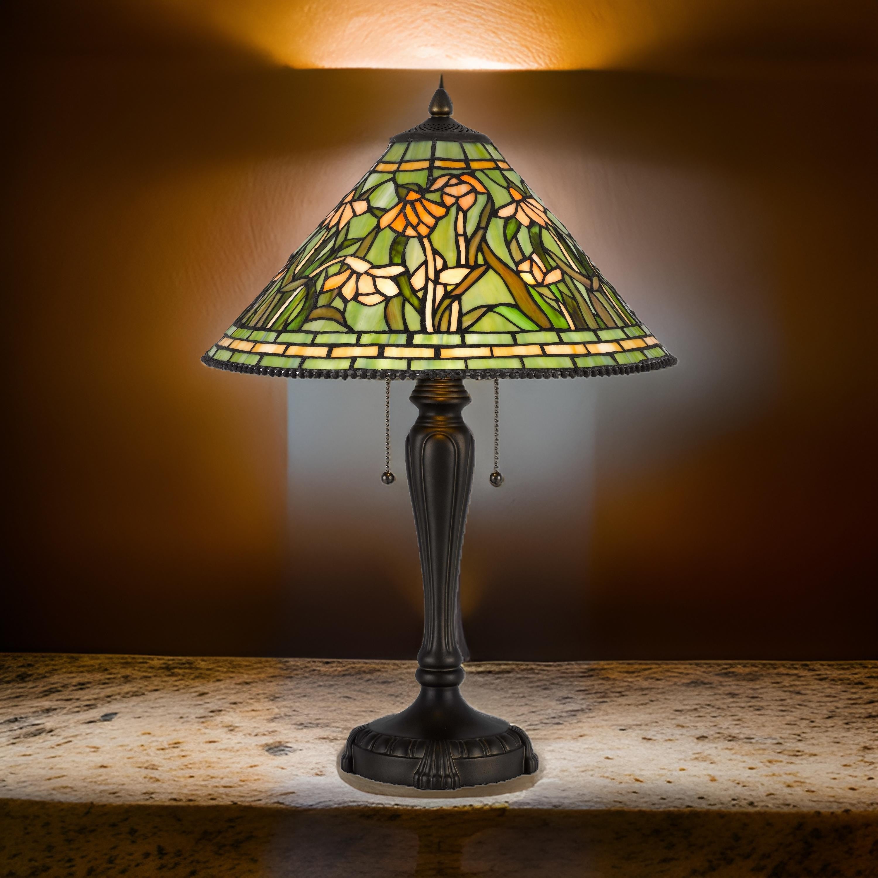 Benjara 24 Inch Table Lamp, Floral Tiffany Style Stained Glass, Bronze Resin