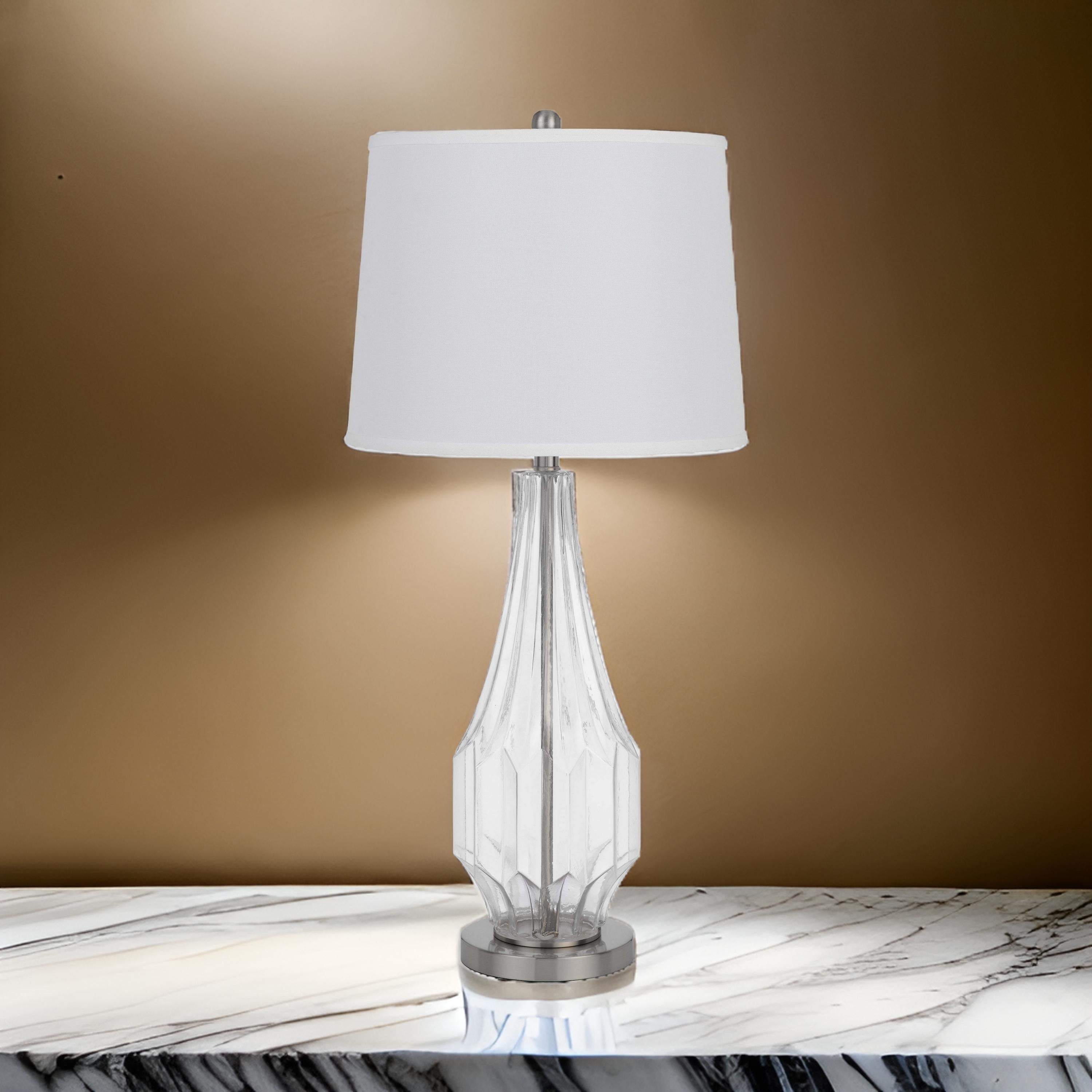 Benjara 34 Inch Table Lamp Set of 2, White Drum Shade, Glass, Round Metal Base