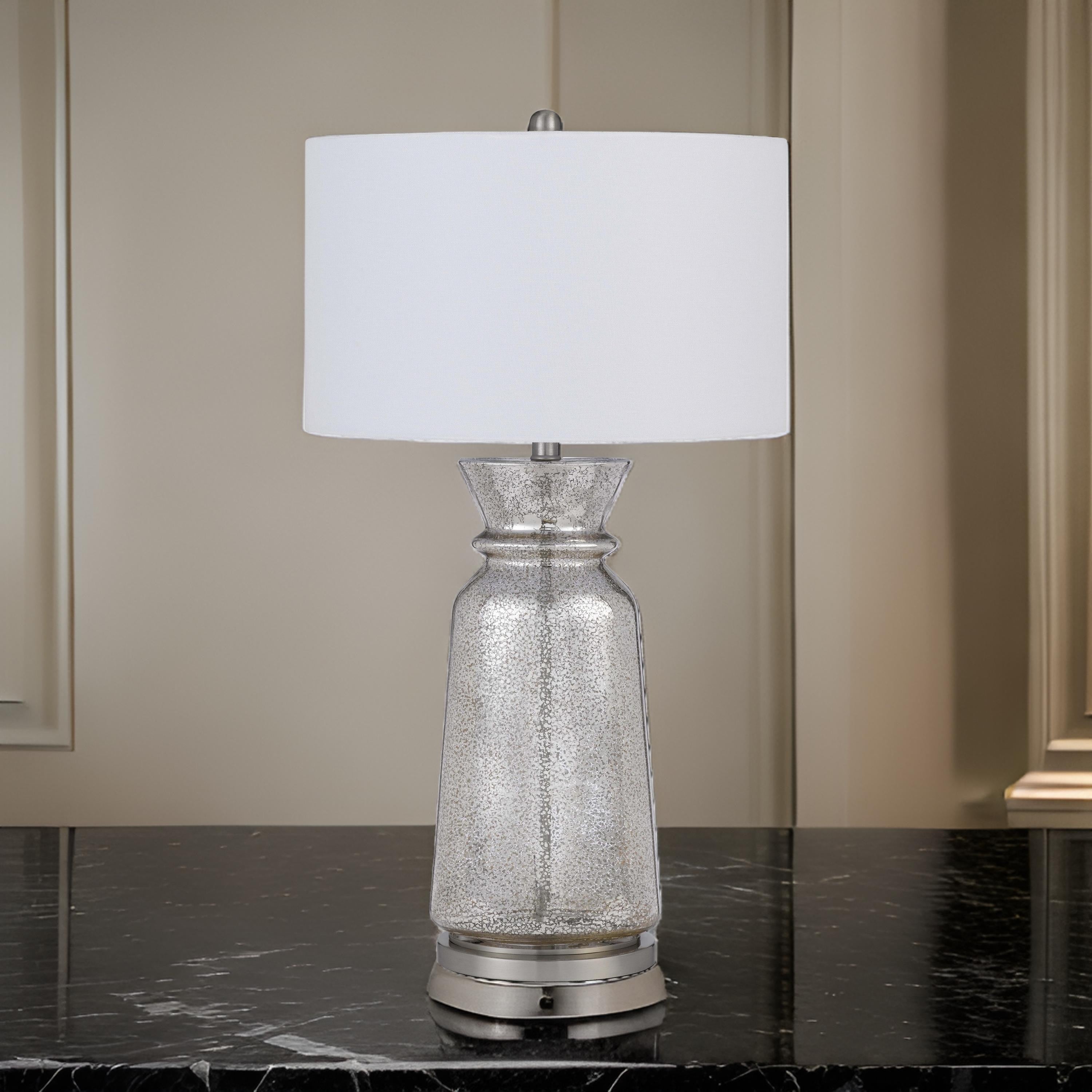 Benjara 34 Inch Table Lamp Set of 2, White Shade, Glass Vase Shape And Metal Base