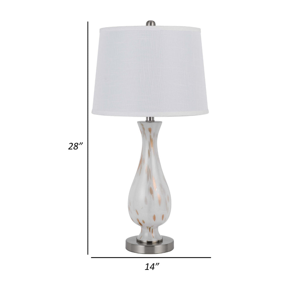 Benjara 28 Inch Table Lamp Set of 2, White Shade, Elegant Curved Glass, Metal Base