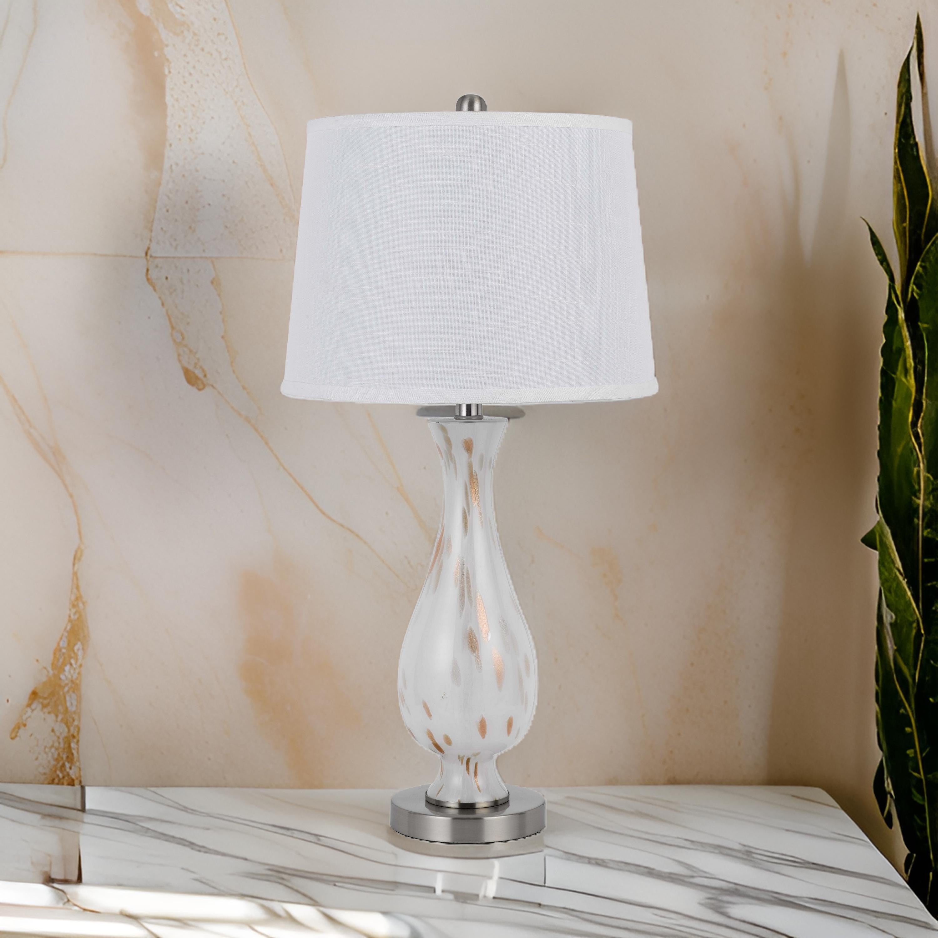 Benjara 28 Inch Table Lamp Set of 2, White Shade, Elegant Curved Glass, Metal Base