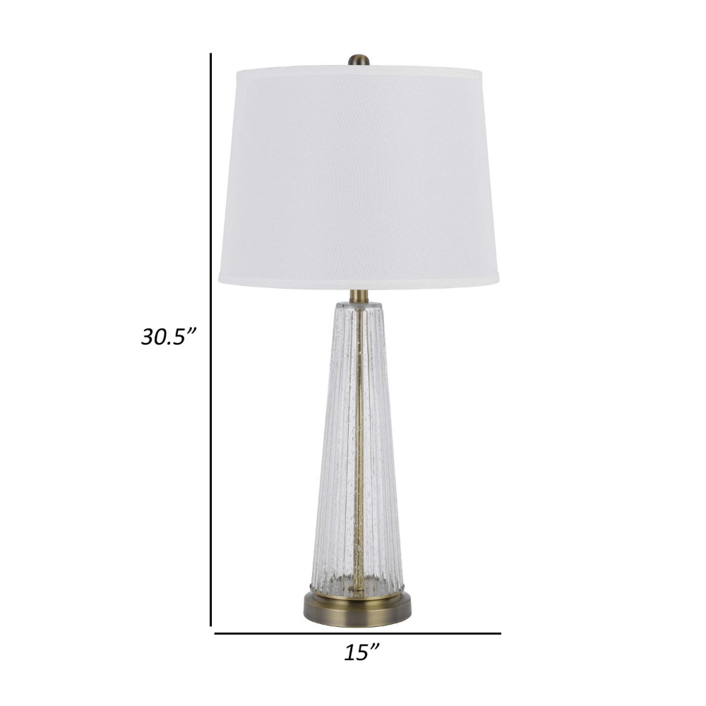 Benjara 31 Inch Table Lamp Set of 2, White Shade, Tapered Glass Body, Metal Base