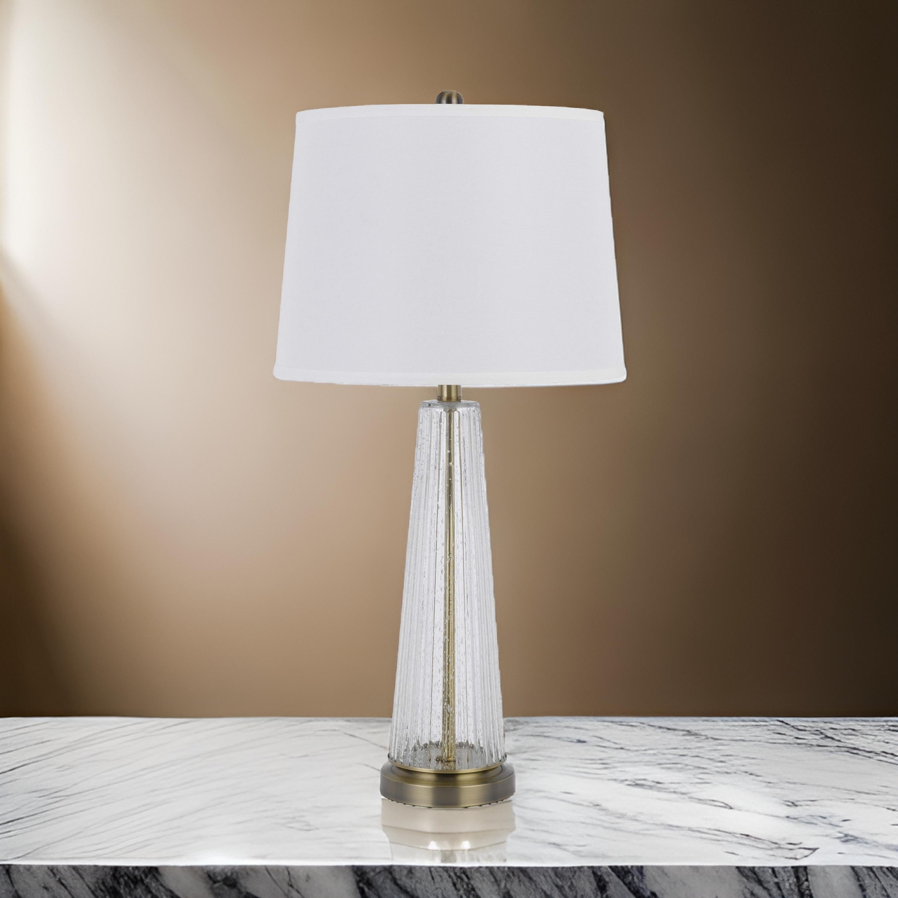 Benjara 31 Inch Table Lamp Set of 2, White Shade, Tapered Glass Body, Metal Base