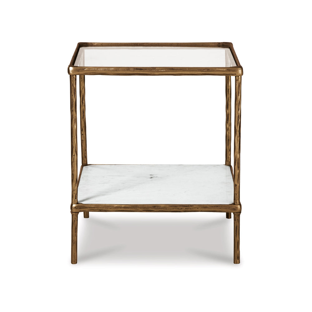 Benjara Dalie 25 Inch Accent Table, Square Glass Tabletop, Marble, Antique Gold