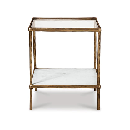 Benjara Dalie 25 Inch Accent Table, Square Glass Tabletop, Marble, Antique Gold